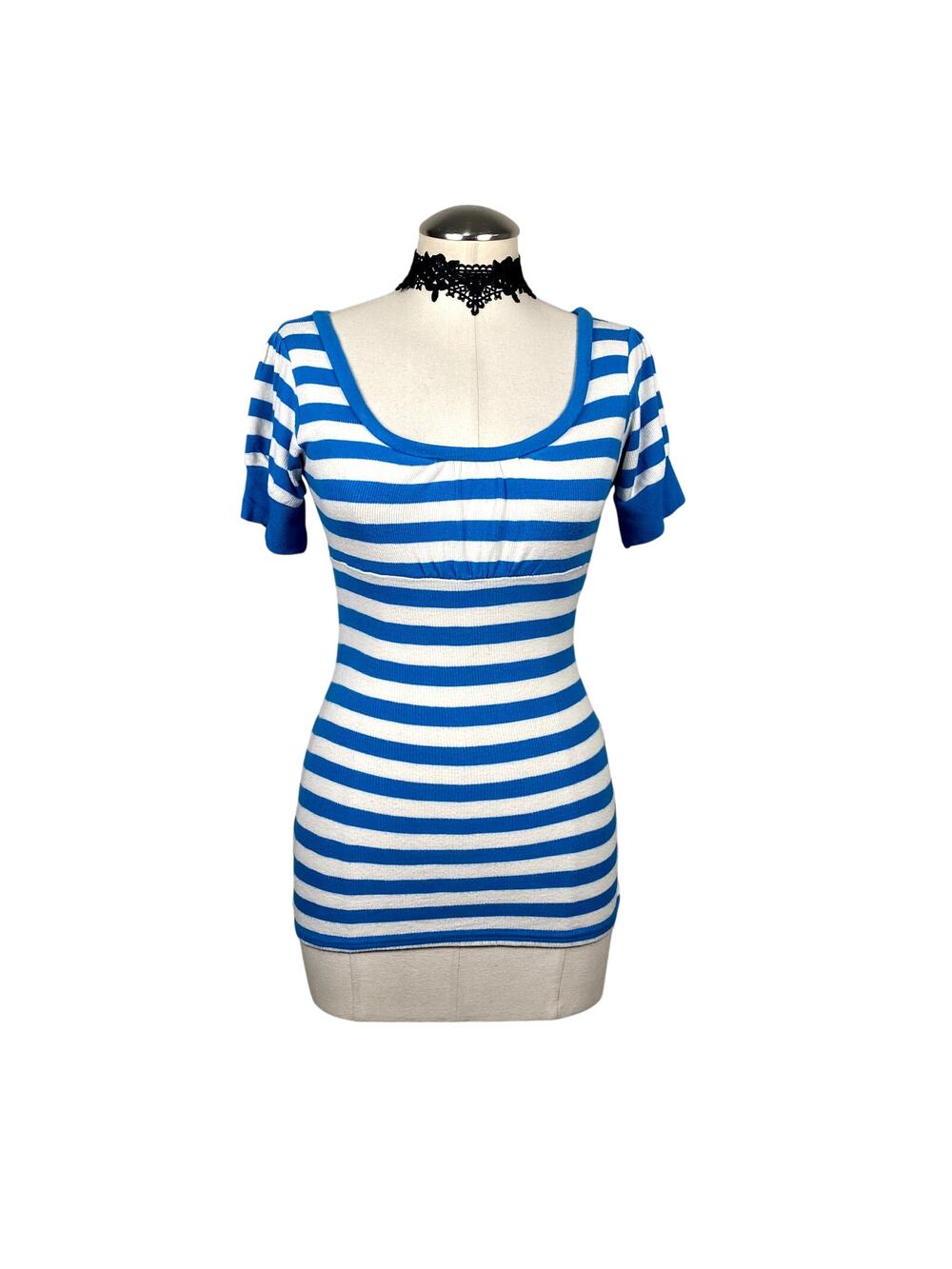 Vtg Y2K Planet Gold Blue White Stripe Ruched Coquette Cottage Core Baby Tee Sz S